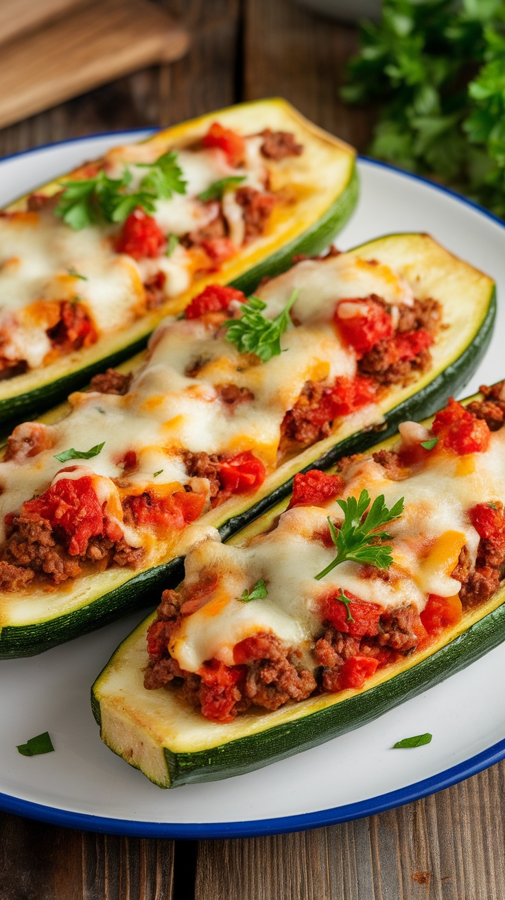 Stuffed zucchini boats filled with ground meat and cheese, garnished with parsley on a wooden table.